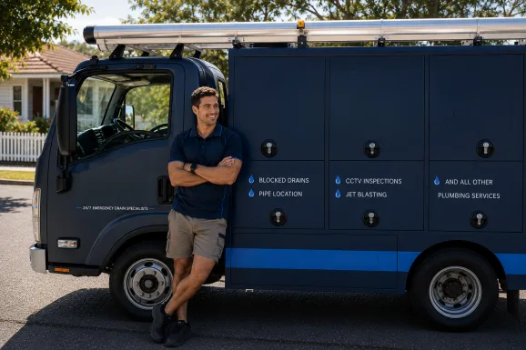 Plumber standing beside a service van in Fairfield West